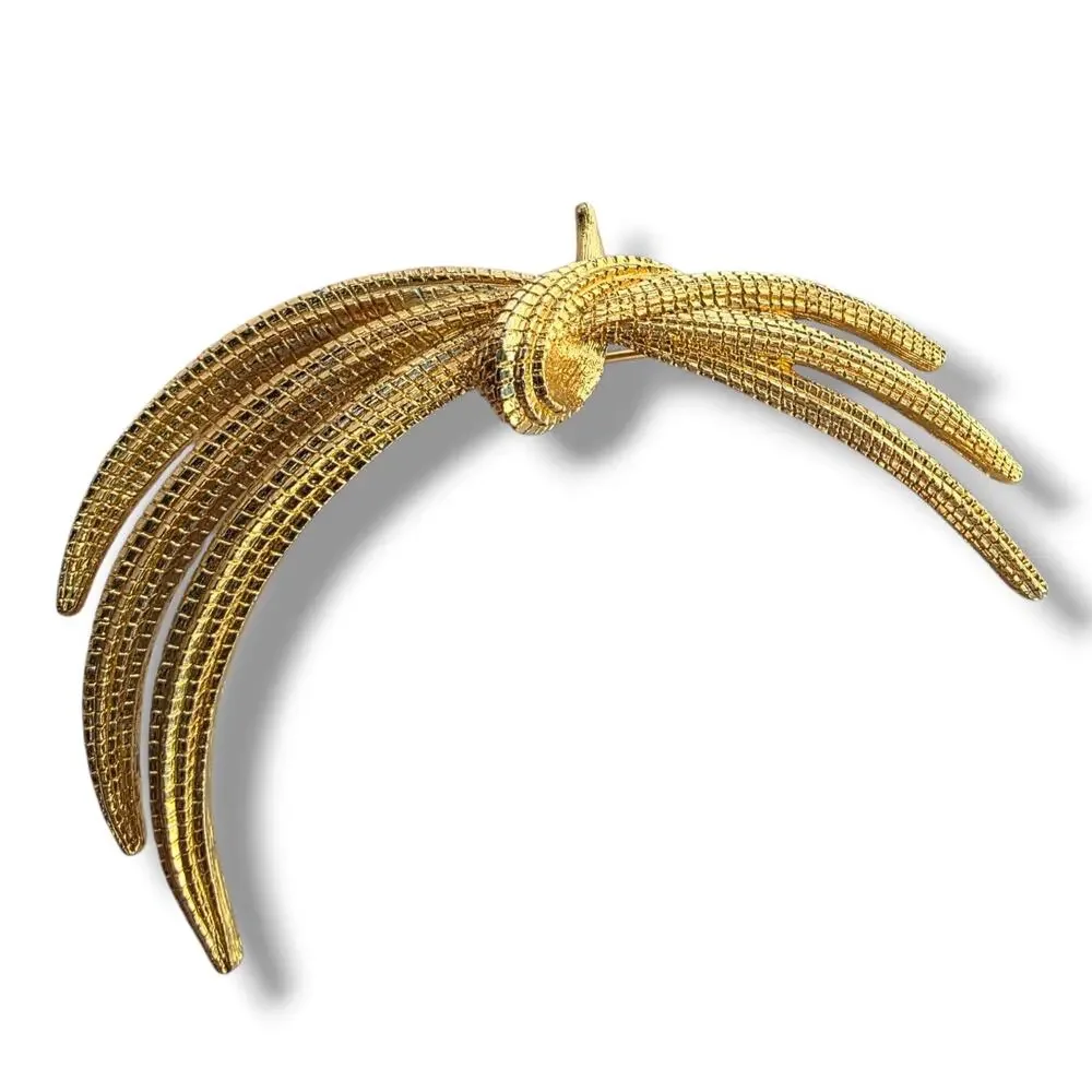 Monet Brooch Gold Tone Textured Ribbon Swirl Vintage Signed 1980s Statement Pin